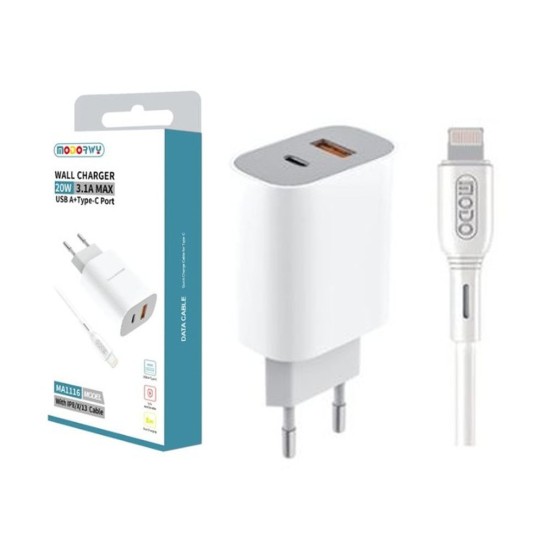 Modorwy PD Wall Charger MA1116 USB 2.0+Type-C with Lightning cable 5V 3.1A White Modorwy PD Wall Charger MA1116 USB 2.0+Type-C with Lightning cable 5V 3.1A White